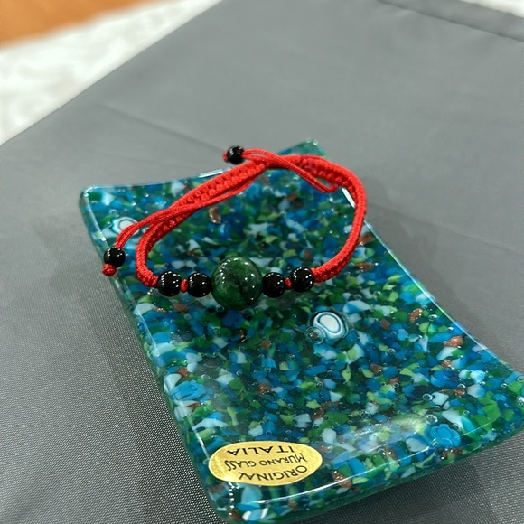 Green Jade Jadeite Circle Bead Red Knitted Bracelet - Picture 2 of 6